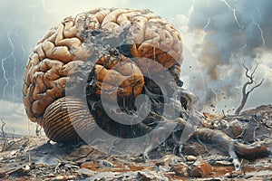 Depiction of the Human Brain s Emotional Turmoil in a Prehistoric Apocalyptic Landscape, Generative AI