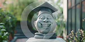 A depiction of a jubilant,smiling broadly, human (head)sculpture wearing a graduation cap, symbolizing the completion of