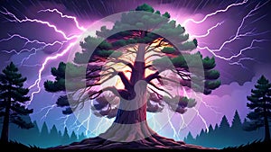 A depiction of a majestic pine tree in lightning weather.