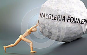 Depiction of Naegleria fowleri shown a wooden model pushing heavy weight to symbolize struggle and pain when dealing with