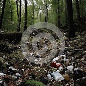 A depiction of a once-beautiful natural landscape now marred by heaps of trash. AI generated