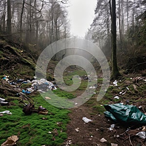 A depiction of a once-beautiful natural landscape now marred by heaps of trash. AI generated