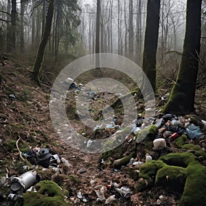 A depiction of a once-beautiful natural landscape now marred by heaps of trash. AI generated