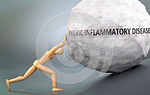 Depiction of Pelvic inflammatory disease shown a wooden model pushing heavy weight to symbolize struggle and pain when dealing