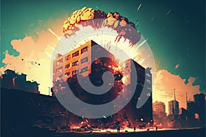 The depiction shows a catastrophic explosion resulting in the fragmentation of numerous buildings. Fantasy concept , Illustration