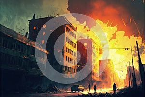 The depiction shows a catastrophic explosion resulting in the fragmentation of numerous buildings. Fantasy concept , Illustration