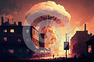 The depiction shows a catastrophic explosion resulting in the fragmentation of numerous buildings. Fantasy concept , Illustration