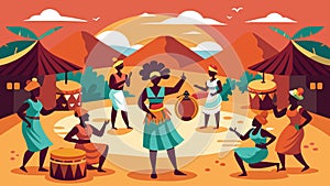 A depiction of a traditional African village with drummers and dancers performing in the center while neighboring photo