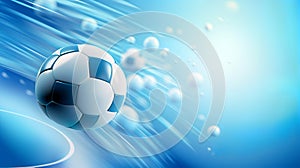 It depicts a classic blue and white soccer ball in motion on a dynamic blue abstract background.
