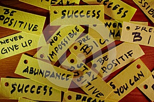 Depicts several yellow tags with motivational phrases written in bold black letters