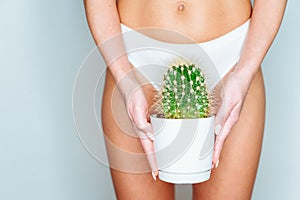 Depilation in bikini zone concept. Woman in white pants hold cactus in her hand. Laser, wax and sugaring hair removal.