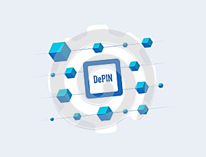 DePIN network illustration - decentralized physical infrastructure network with blockchain nodes. Depin blockchain