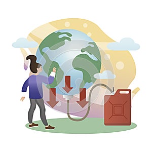 Depletion of natural resources illustration. Woman, earth, arrow, canister. Editable vector graphic design.