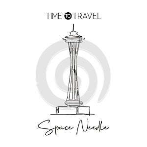 Depok, Indonesia - August 6, 2019: One continuous line drawing Space Needle landmark. World iconic place in Seattle, Washington DC