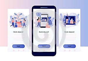 Deposit concept. Longterm money saving finance. Tiny people put money in bank safe with dollars. Bank account, money photo