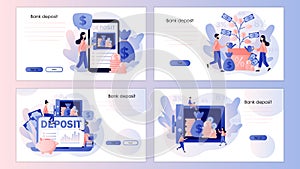 Deposit concept. Longterm money saving finance. Tiny people put money in bank safe. Screen template for mobile smart photo