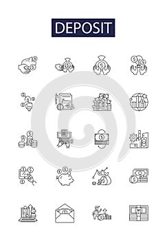 Deposit line vector icons and signs. Reserve, Entrust, Store, Remit, Invest, Downpayment, Contribute, Accrue outline photo