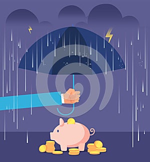 Deposit protection concept. Hand with umbrella protecting piggy bank from rain and storm. Deposit insurance vector