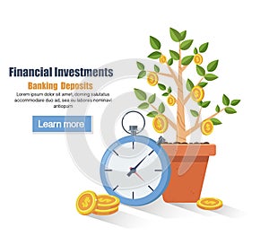 Deposit. Saving money concept. Financial profit growth. Increase in profit. Growth process plant-money. vector illustration in fla
