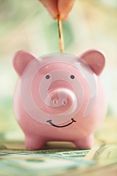 Depositing gold coin in smiling pink Piggybank on piles of money. Saving money concept