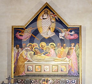 Deposition and Resurrection of Jesus by Niccolo di Pietro Gerini, Altar Painting in Saint Charles Church, Florence, Italy