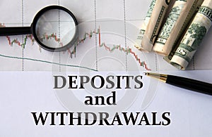 DEPOSITS and WITHDRAWALS - words on a white sheet against the background of a chart, magnifying glass and banknotes