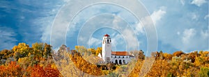 Depot for trains in Boise Idaho with autumn trees in the city park