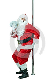 Depraved Santa pole dancer, holds fan of dollars money notes. Lustful Santa Claus dances with pole on white background