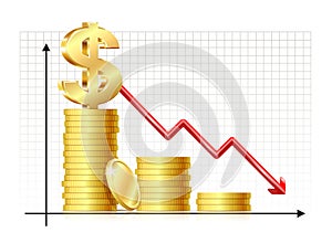 Depreciation of Dollar. Inflation. Economic recession icon. Dollar sign with chart, down arrow and coins photo