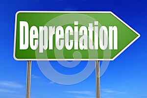 Depreciation word with green road sign