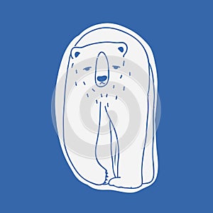 Depressed adult polar bear hand drawn with outlines. Doodle drawing of walking unhappy cartoon wild carnivorous animal