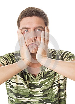 Depressed and anxious man on white background