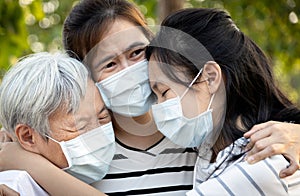 Depressed asian family wearing medical mask crying,suffer from grief,great loss of her family infected,fighting the Coronavirus