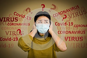 Depressed Asian woman with protective mask scared of covid-19 virus having panic and worry to get sick