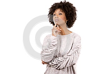 Depressed black casual woman on white background