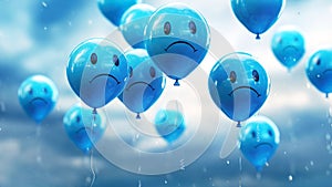 Depressed Blue balloons float in the air in rainy sky. The balloons are unhappy, crying. Depression is a real problem that can