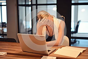 Depressed business blonde woman having troubles with her works