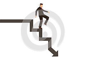 Depressed business man walking down falling arrow steps. Concept of fall and depreciation