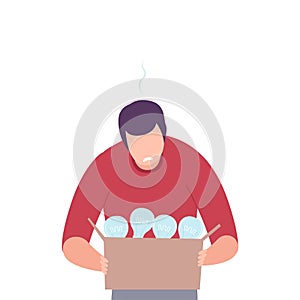 Depressed Businessman Character Having No Ideas, Unsuccessful Person Holding Box of Off Light Bulbs Flat Vector