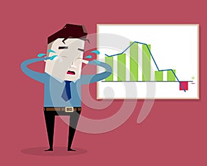 Depressed businessman crying: Business failure, graph down