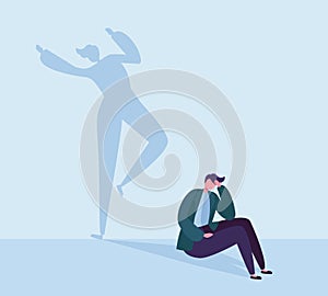 Depressed Businessman with Happy Shadow. Male Character with Silhouette of Dancing Man. Depression, Stress, Frustration