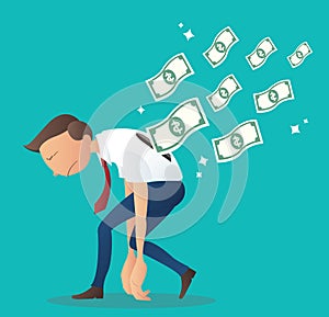 Depressed businessman with money bills. business concept vector illustration