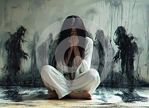 depressed crying victim of violence young woman with mental disorders sits on floor against wall with silhouettes of