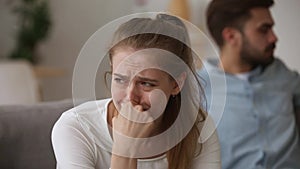 Depressed crying young woman wife upset about family fights