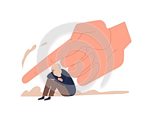 Depressed female teenager sitting under huge hand vector flat illustration. Despair tiny girl victim of control