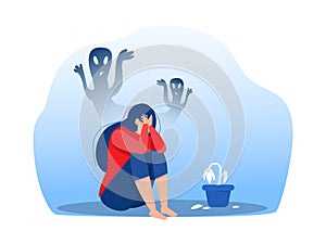 Depressed girl with anxiety and scary fantasies feeling sorrow,fears, sadness vector illustration