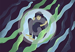 Depressed girl in bubble flat vector illustration. Lonely person in vacuum. Diffident woman in solitude. Isolation