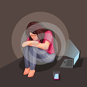 Depressed girl sitting and cry on dark room with laptop and smartphone. mental illness and cyberbullying awareness illustration