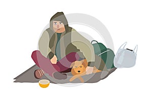 Depressed homeless guy dressed in dirty clothes sitting on carton mat on street, embracing sleeping dog and begging for