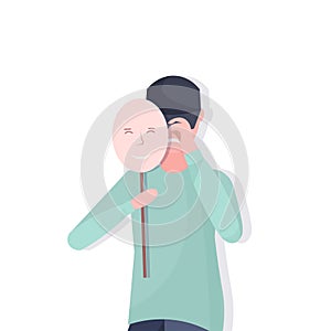 depressed man holding positive mask guy covering face emotions behind mask fake feeling